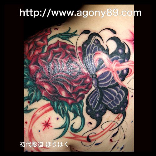 赤い薔薇に２頭の蝶々とピンクのリボンのタトゥー画像765_1