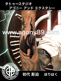 腕の隙間に、羽が半分だけトライバルのドラゴンのタトゥー画像【エゴニー アンド エクスタシー タトゥーデザインスタジオ】彫迫