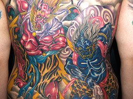 刺青 風神雷神 和彫り 背中 カラー 色和彫り 刺青 タトゥーデザイン