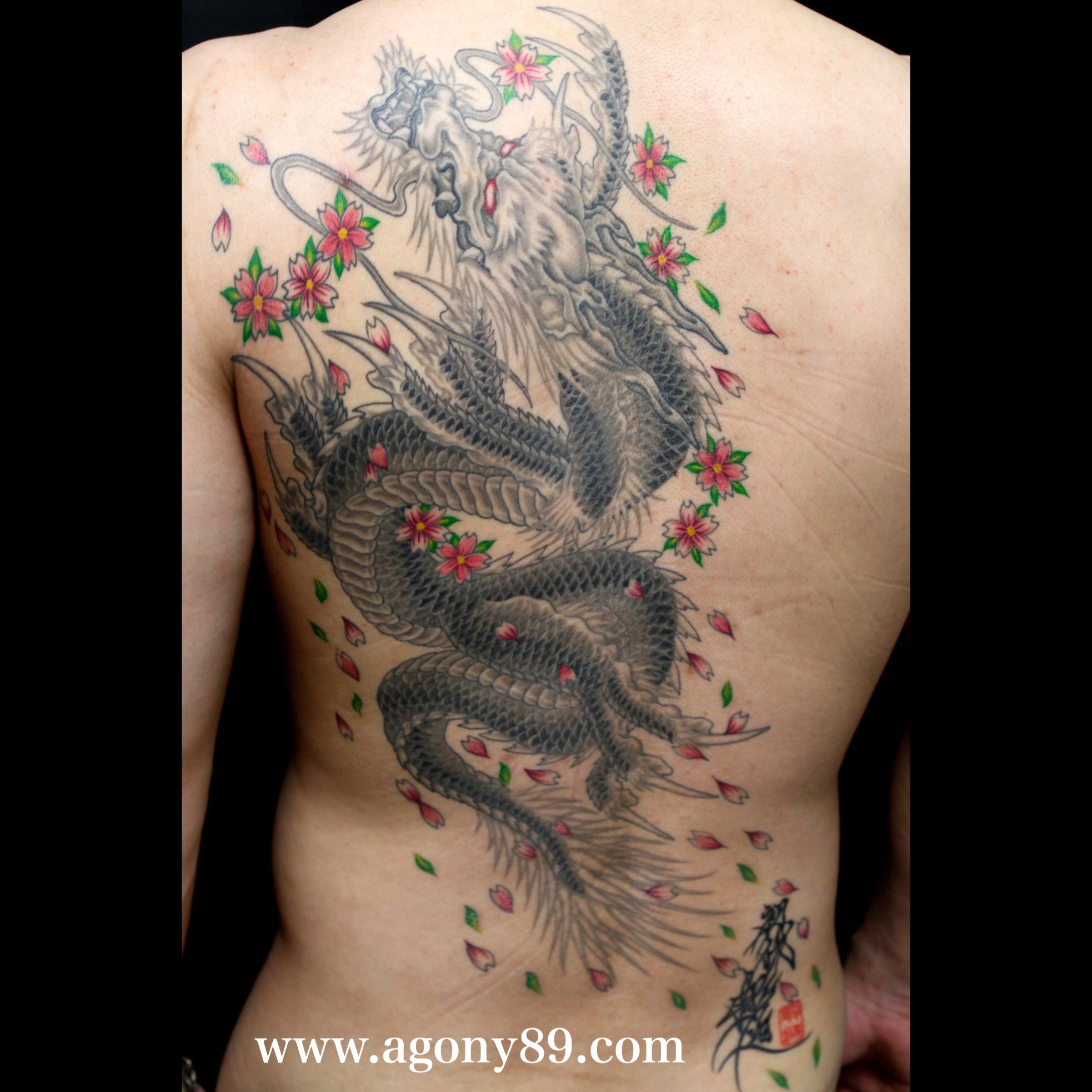 桜が舞い散る中を昇る龍の刺青